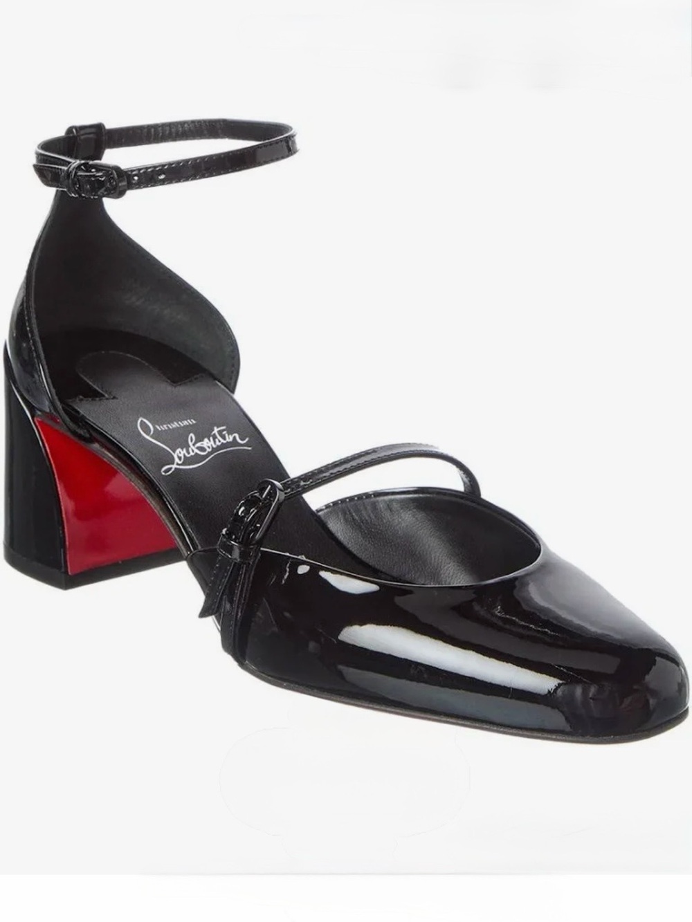 CHRISTIAN LOUBOUTIN O JANE 55 BLACK PAT.LEATHER ANKLE STRAP MULE PUMP SZ 38.5